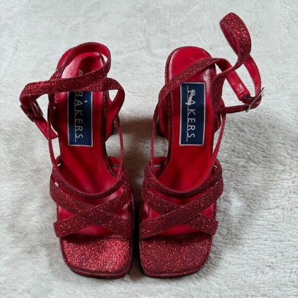Vintage Y2K Bakers Red Glitter Platform Strappy Heels - Picture 2 of 5